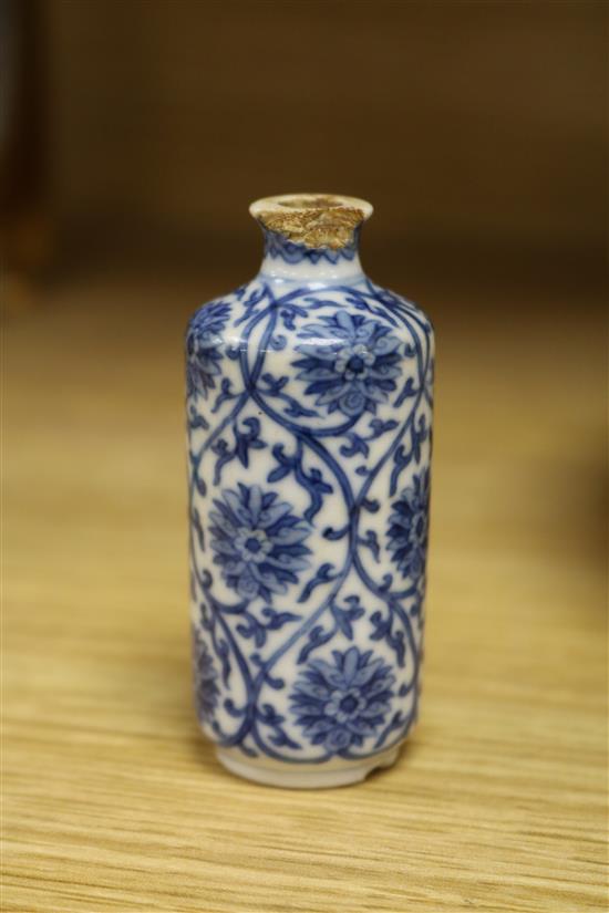 A Chinese 19th century snuff bottle, later figure and lattice rimmed dish figure height 30cm